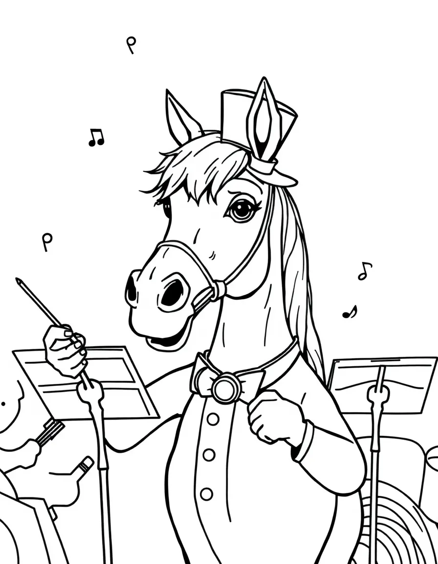 A horse wearing a tiny top hat, conducting a symphony.