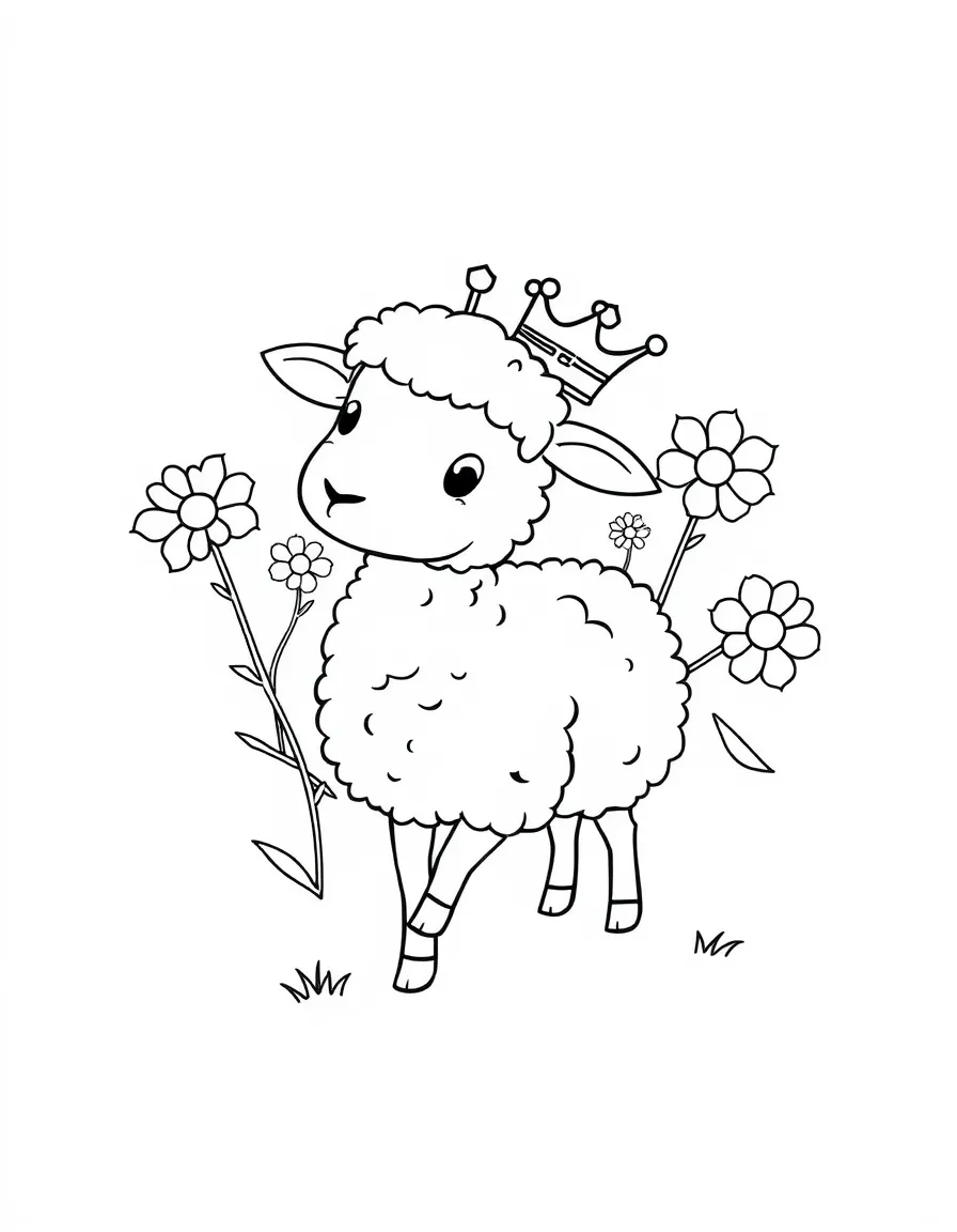 A sheep wearing a tiny crown, leading a parade of flowers.
