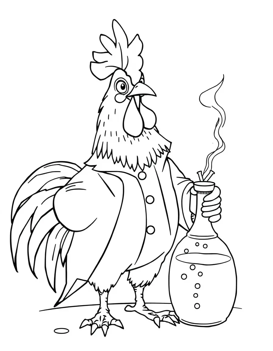 A rooster dressed as a scientist, creating a fizzy potion.