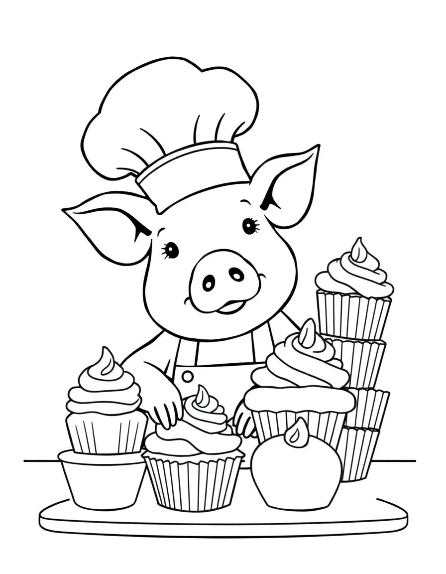 A pig wearing a tiny chef's hat, making giant cupcakes.
