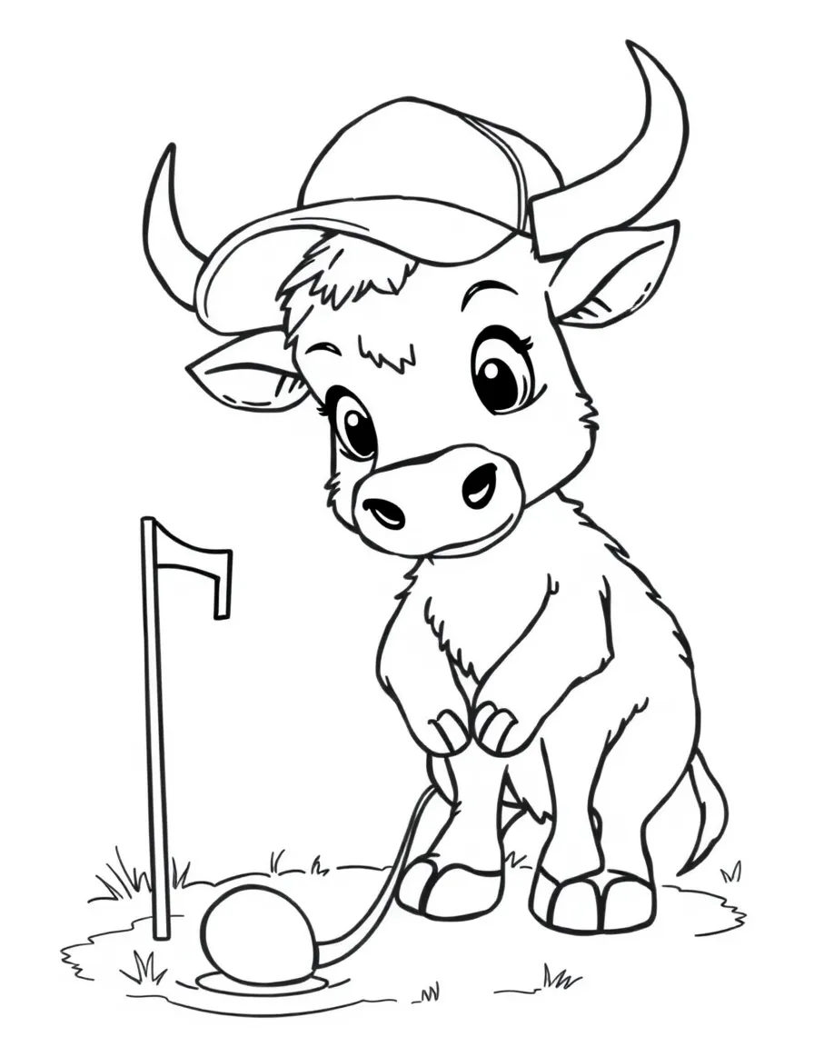 An ox wearing a tiny baseball cap, playing mini-golf.
