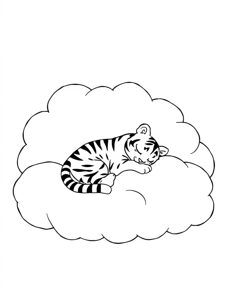 A tiger cub napping in a giant, fluffy cloud.