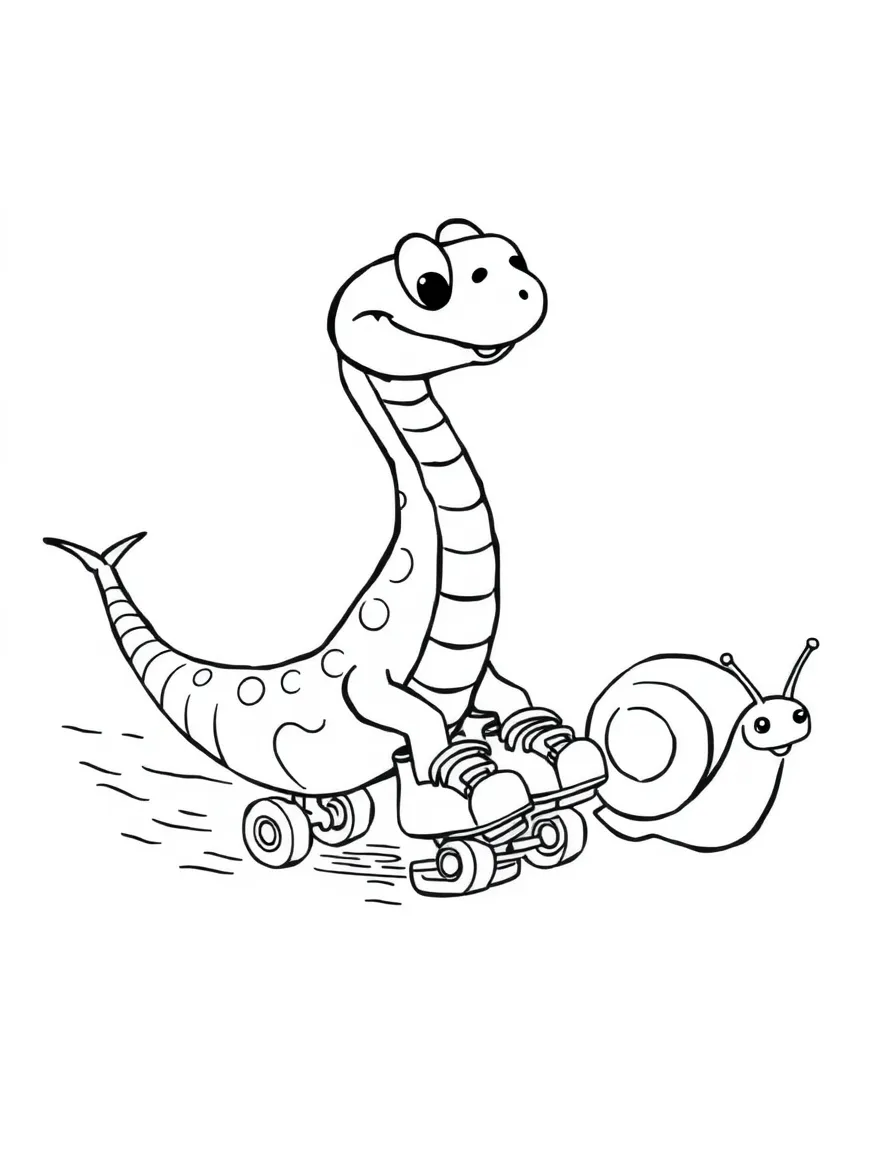 A snake wearing tiny roller skates, racing a snail.
