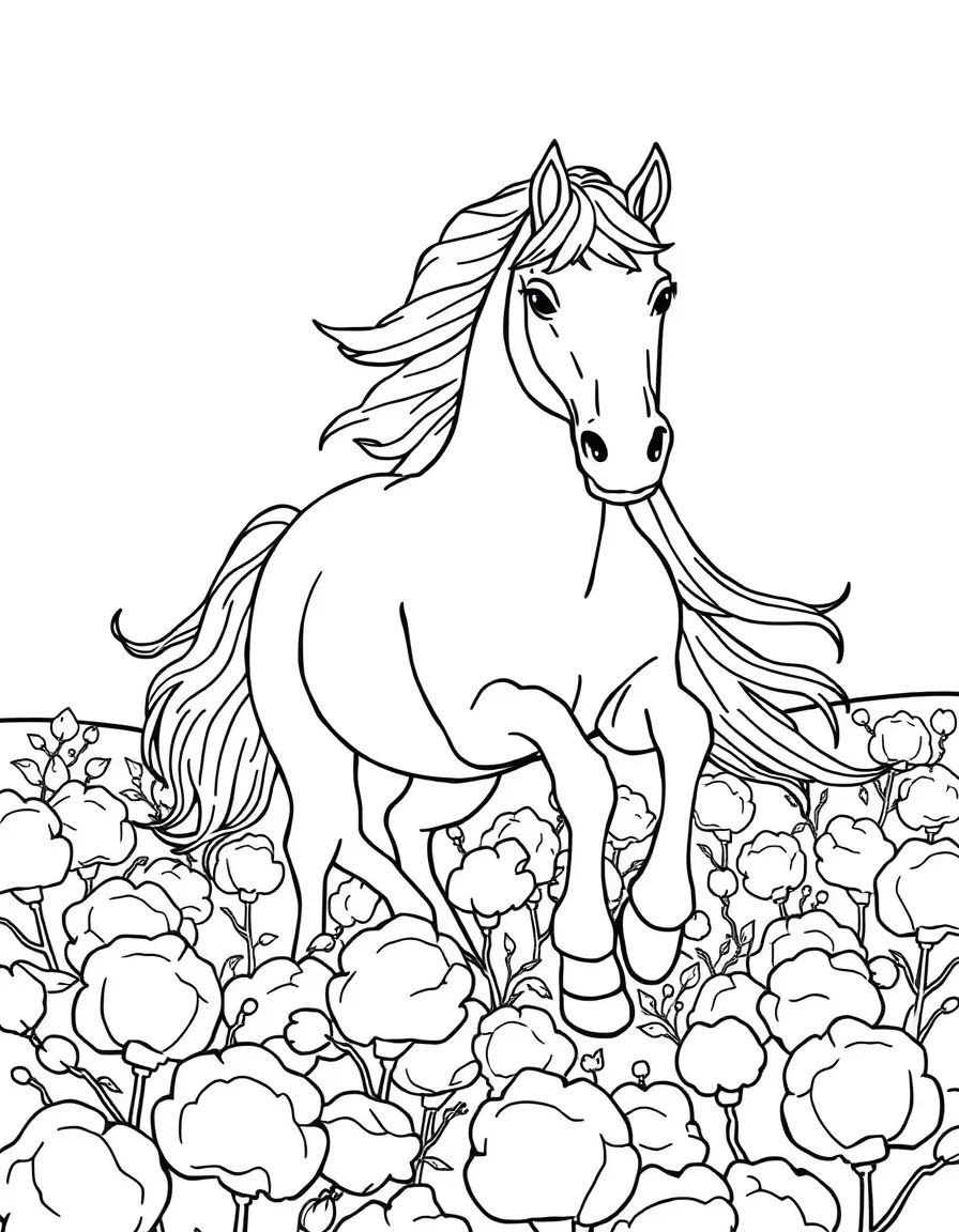 A horse with a flowing mane, galloping through a field of cotton candy.