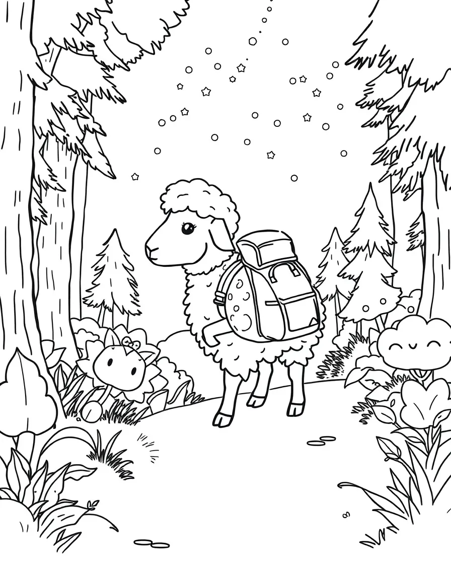 A sheep wearing a tiny backpack, exploring a magical forest.