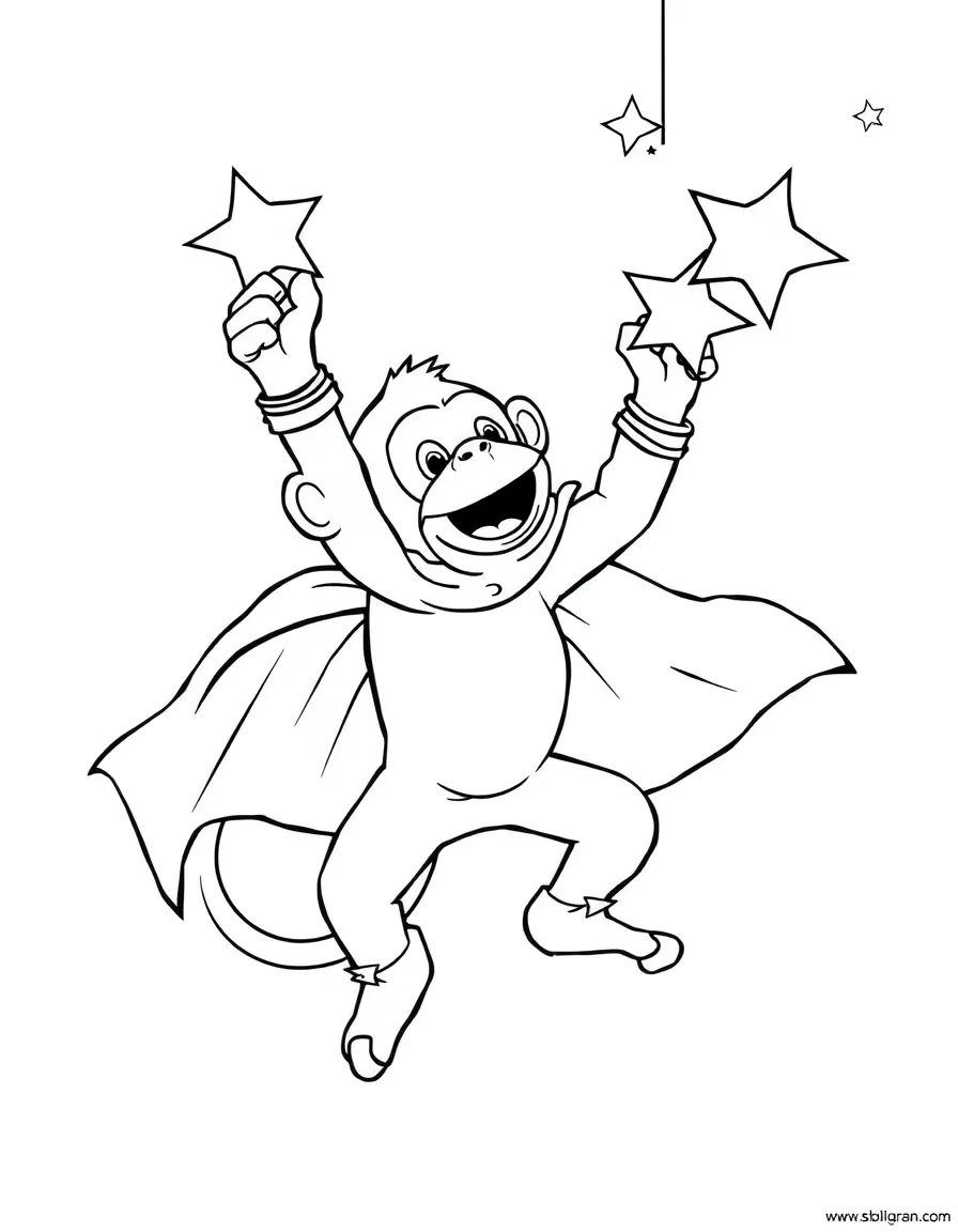A monkey dressed as a superhero, catching a falling star.