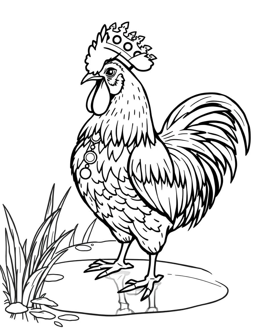 A rooster dressed as a king, admiring his reflection in a pond.