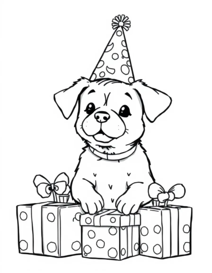 A dog wearing a tiny birthday hat, opening presents.