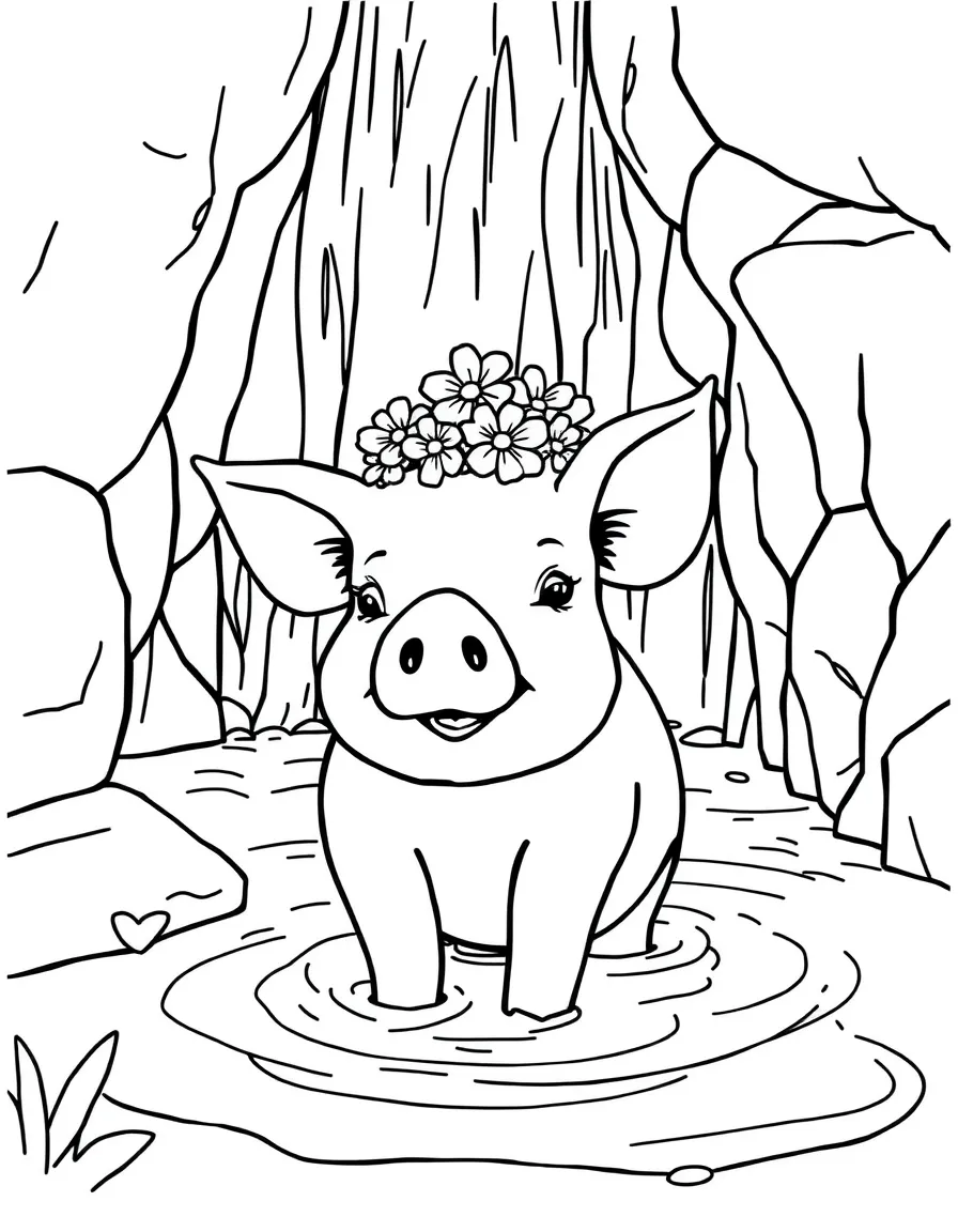 A pig wearing a tiny crown of flowers, playing in a waterfall.
