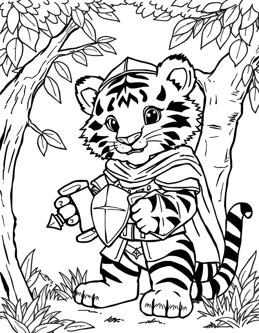 A tiger cub dressed as a knight, rescuing a toy from a tree.
