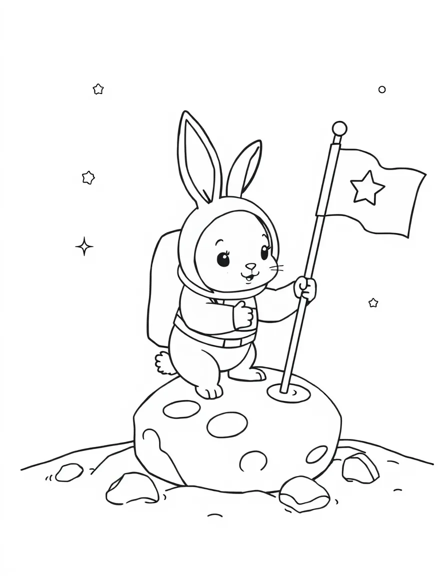 A rabbit dressed as an astronaut, planting a flag on a cheese moon.