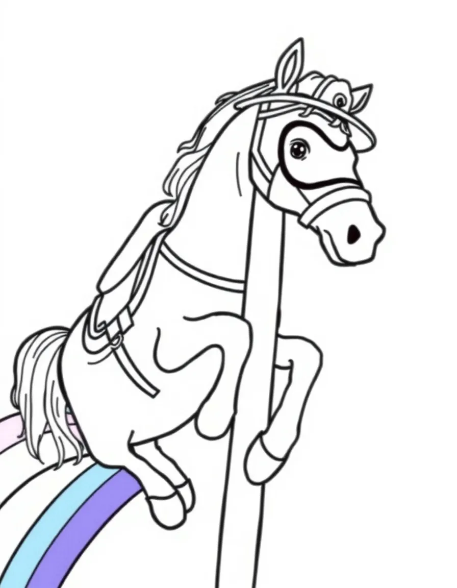 A horse dressed as a firefighter, sliding down a rainbow pole.