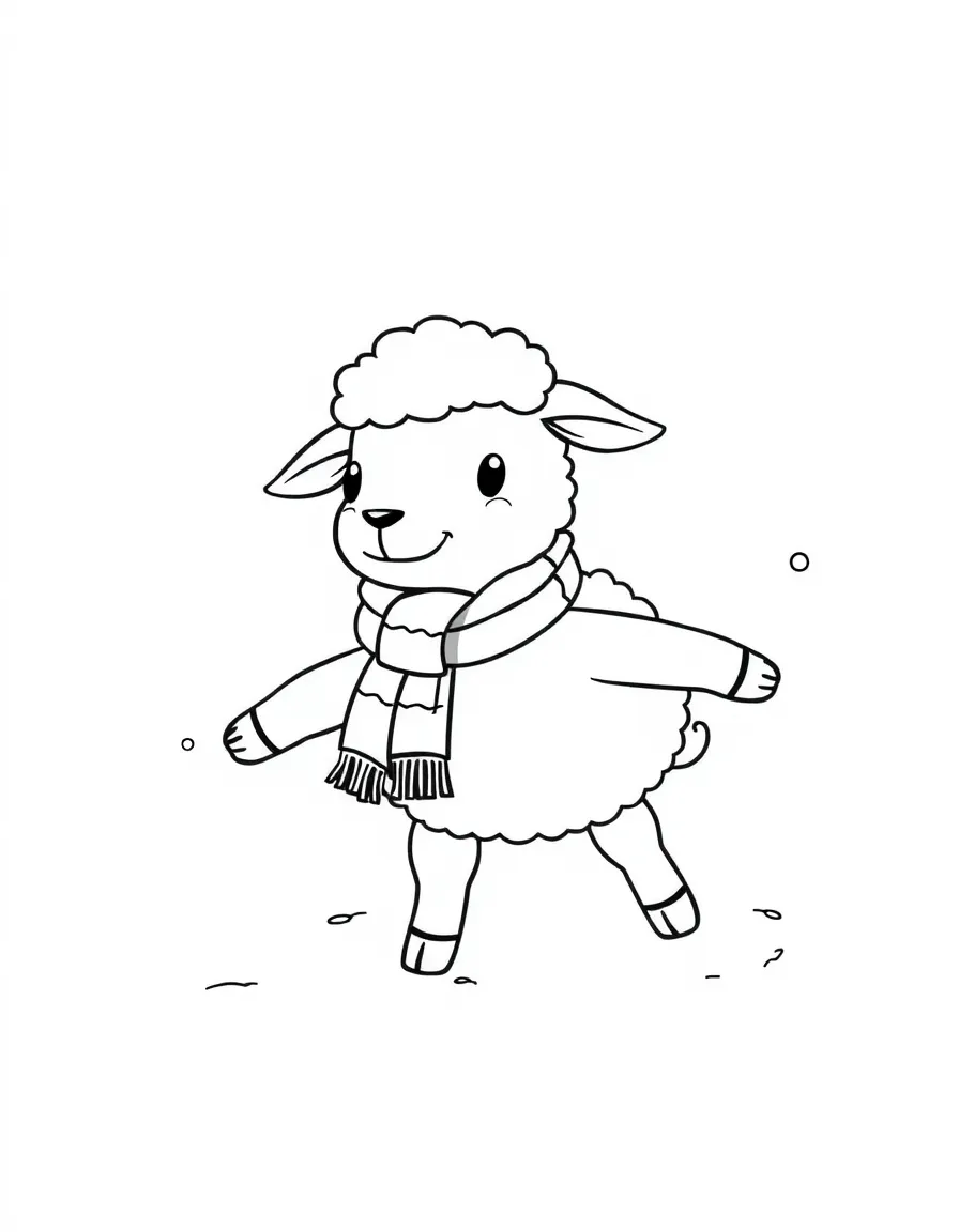 A sheep wearing a tiny scarf, making a snow angel.