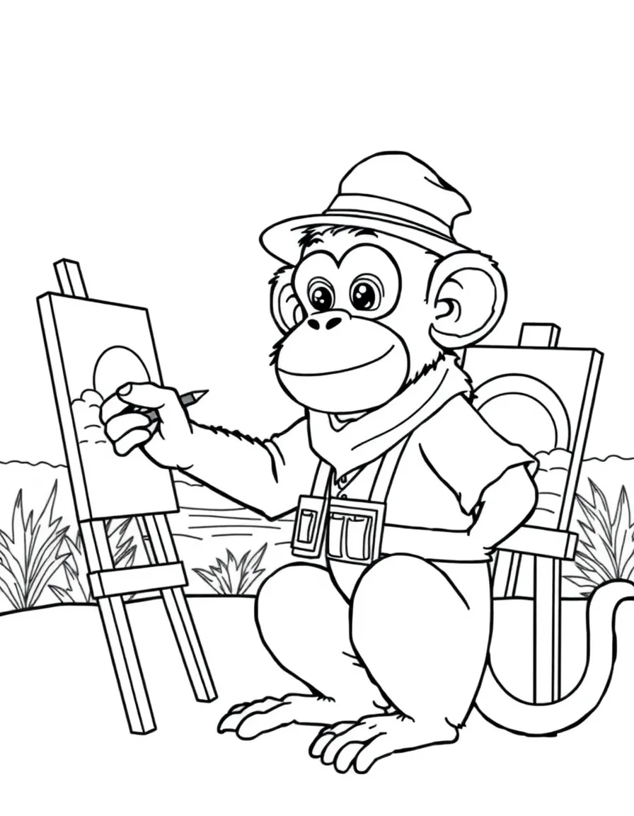 A monkey dressed as a painter, painting a sunset.