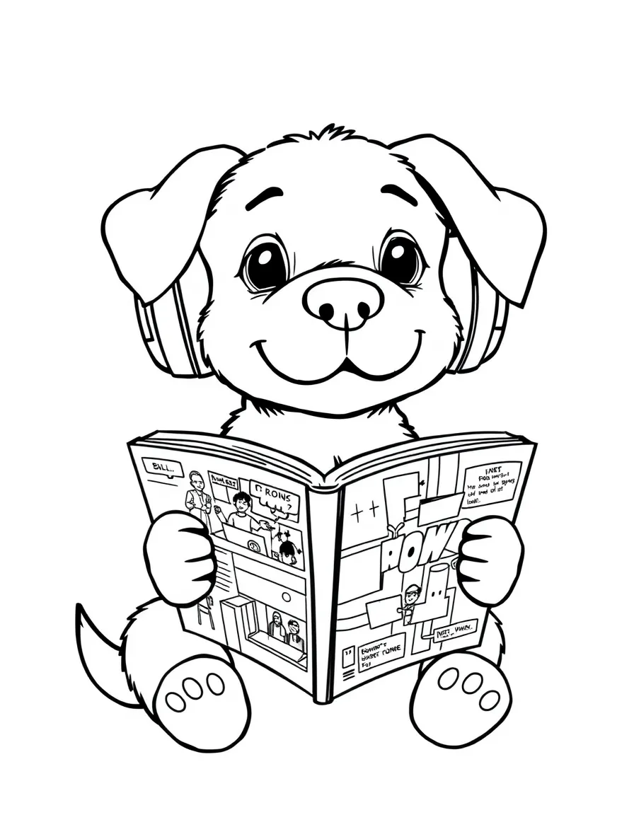 A dog wearing tiny earmuffs, reading a comic book.