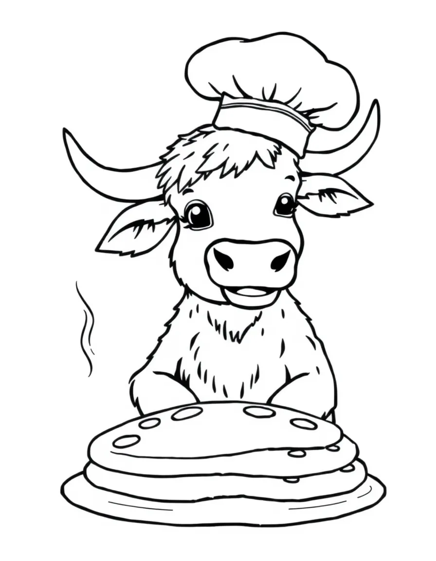 An ox wearing a tiny chef's hat, making giant pancakes.