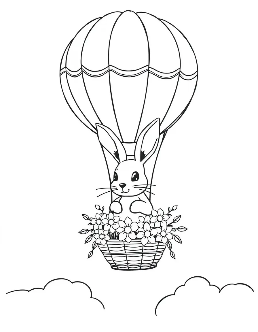 A rabbit riding a hot air balloon with a basket of flowers.