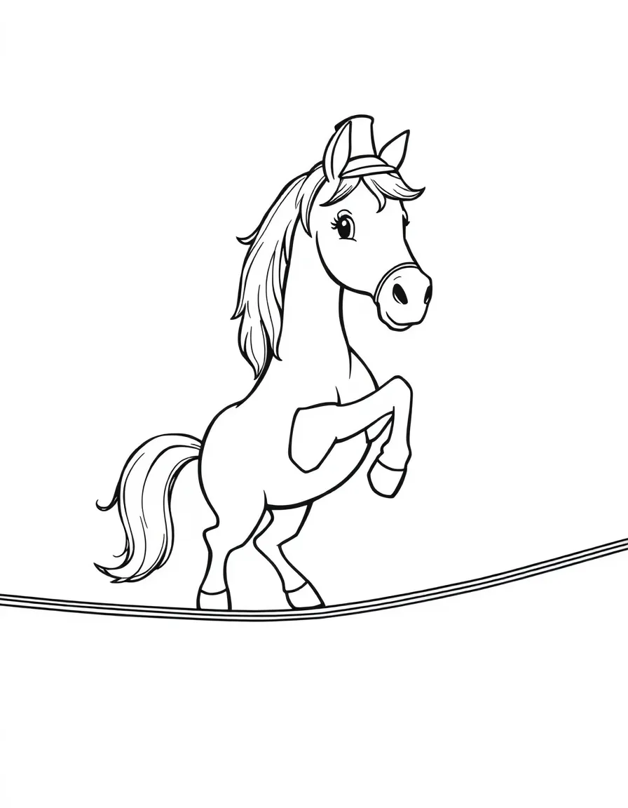 A horse wearing a tiny top hat, performing a tightrope walk.