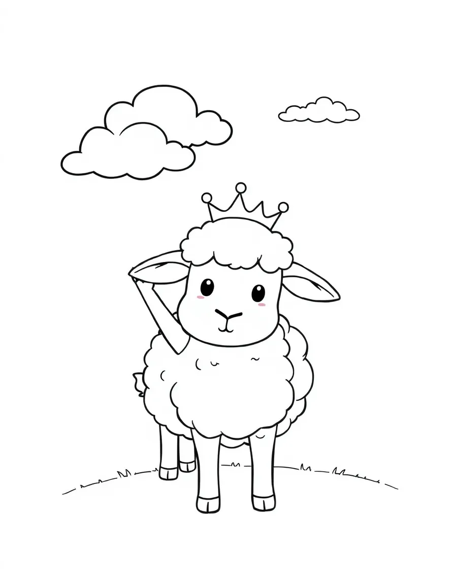 A sheep wearing a tiny crown, waving to passing clouds.