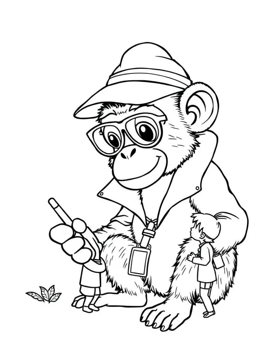 A monkey dressed as a detective, interviewing tiny witnesses.