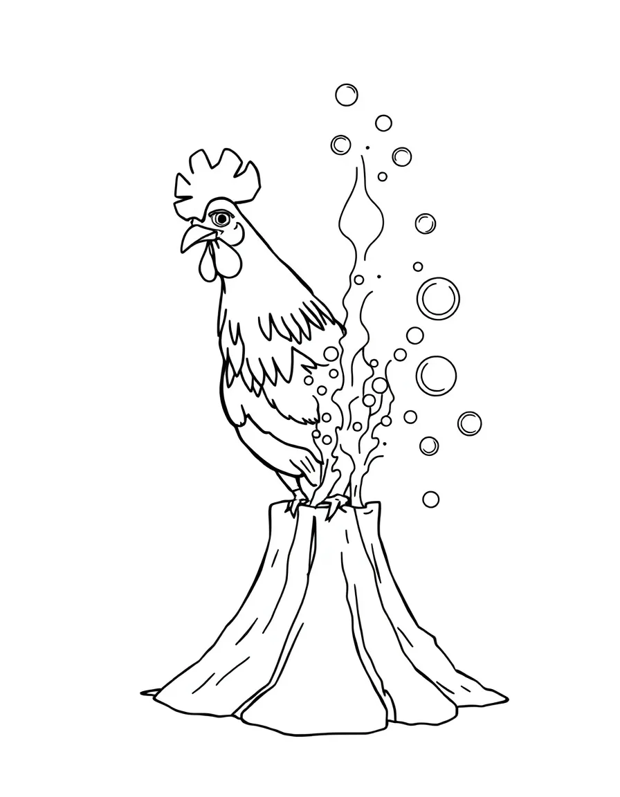 A rooster dressed as a scientist, making a volcano erupt with bubbles.