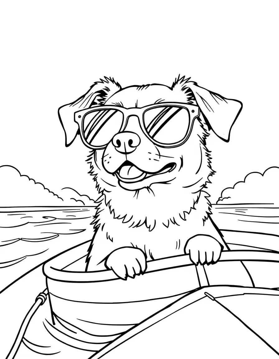A dog wearing tiny sunglasses, enjoying a boat ride.