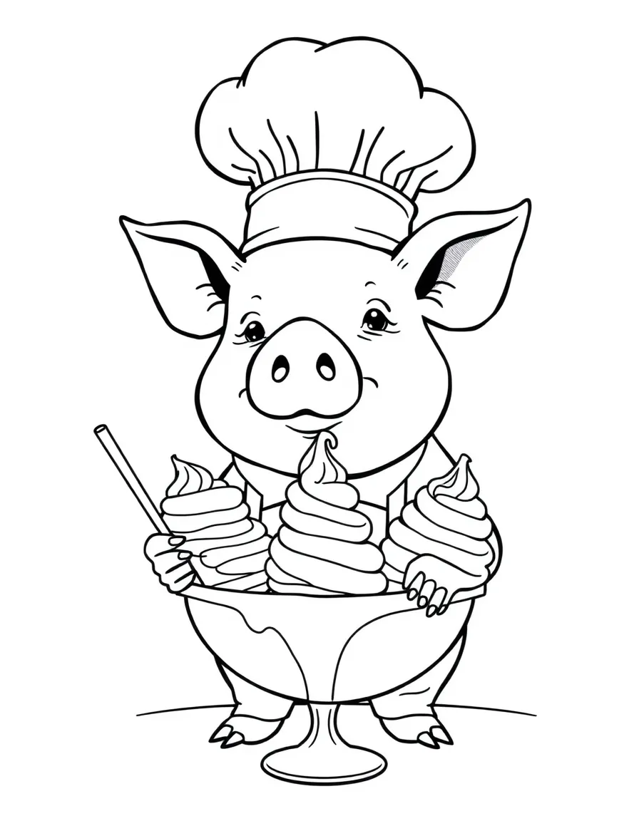 A pig wearing a tiny chef's hat, serving giant sundaes.
