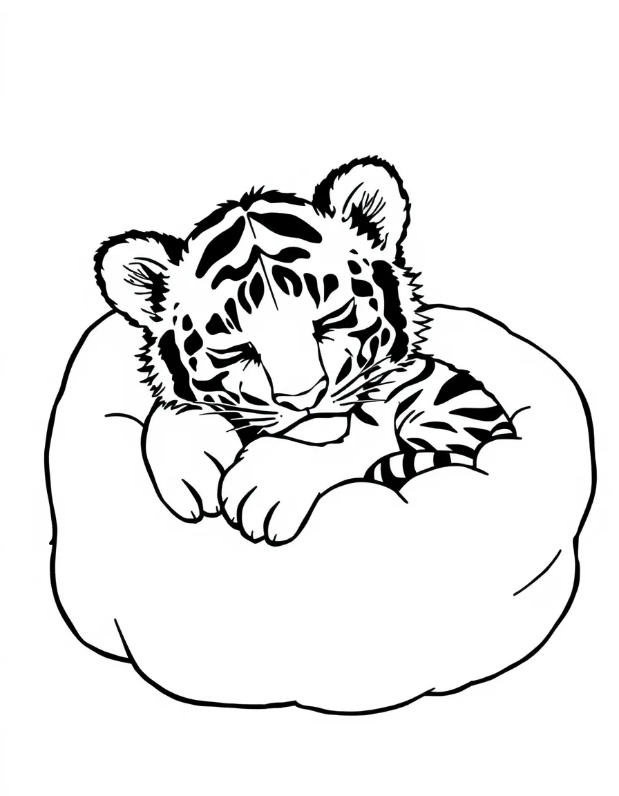 A tiger cub napping in a giant, fluffy marshmallow.