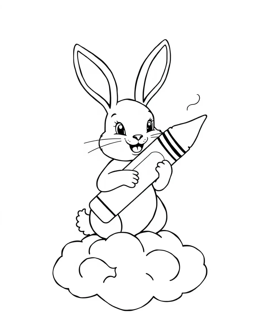 A rabbit holding a giant crayon, drawing on a cloud.