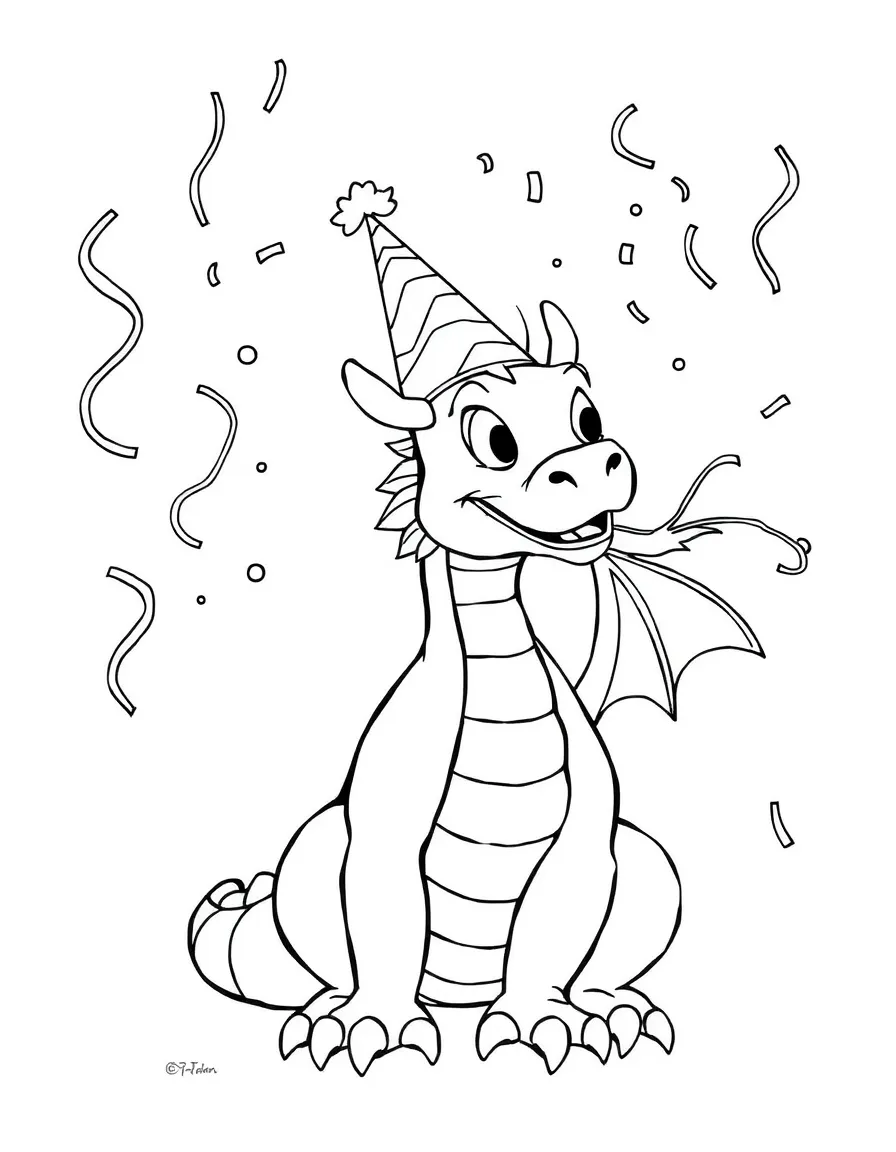A dragon wearing a party hat, blowing party streamers.