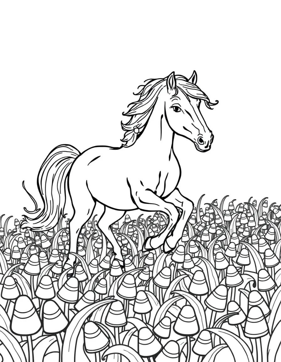 A horse with a flowing mane, prancing through a field of candy corn.