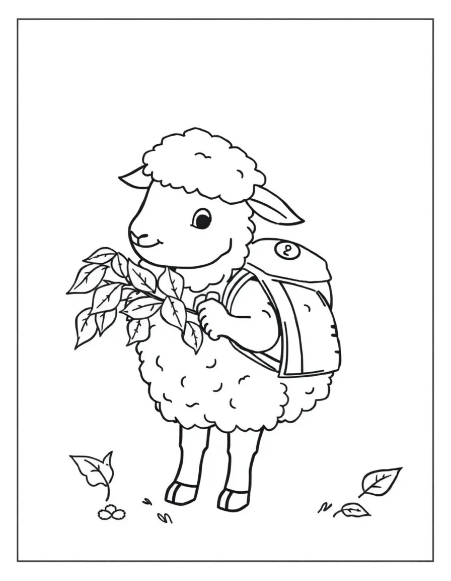 A sheep wearing a tiny backpack, collecting colorful leaves.