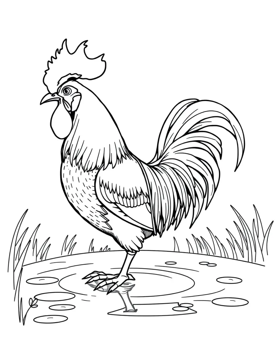 A rooster dressed as a king, looking at his reflection in a golden pond.
