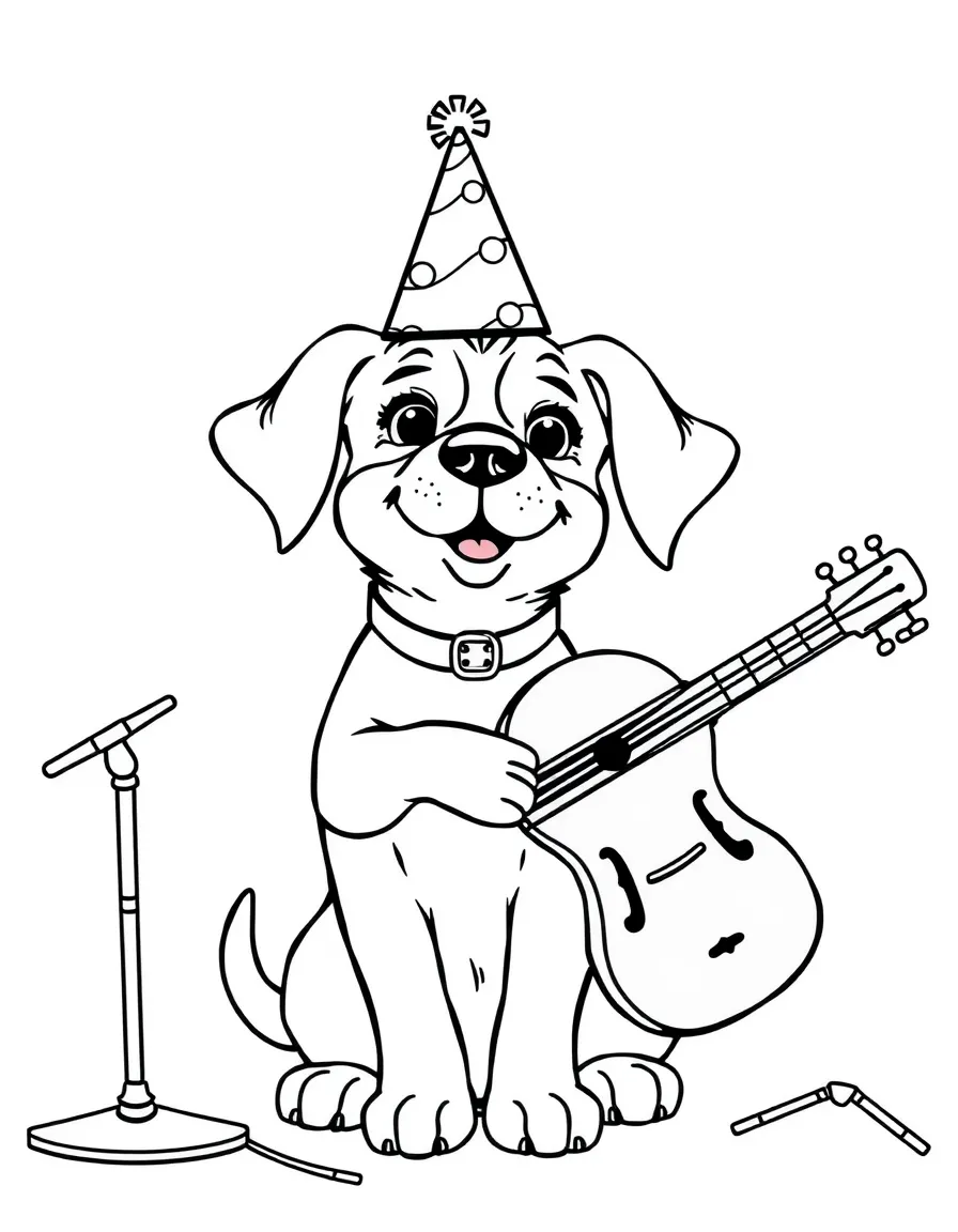 A dog wearing a tiny birthday hat, playing musical instruments.