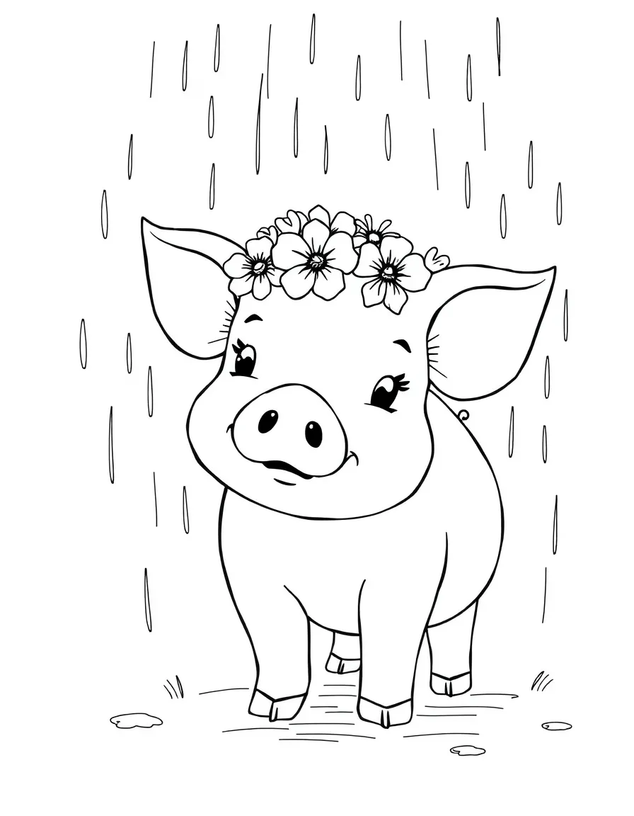 A pig wearing a tiny crown of flowers, playing in a gentle rain shower.