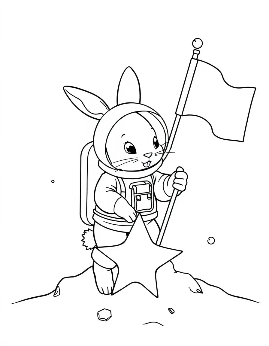 A rabbit dressed as an astronaut, planting a flag on a star.