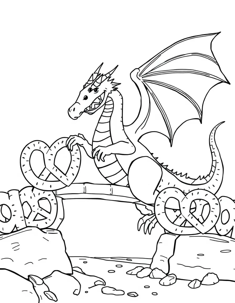 A dragon building a bridge of giant pretzels.