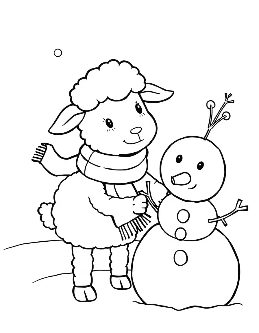 A sheep wearing a tiny scarf, building a snowman with a carrot nose.