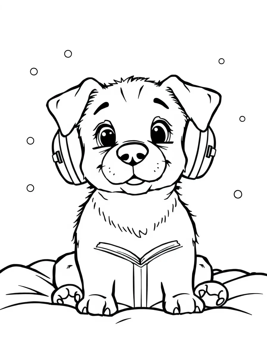 A dog wearing tiny earmuffs, listening to a bedtime story.