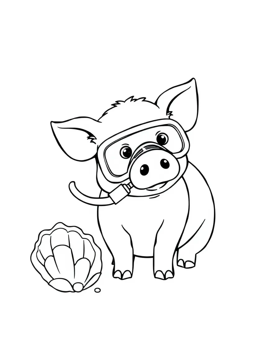 A pig wearing a tiny snorkel, finding a message in a seashell.