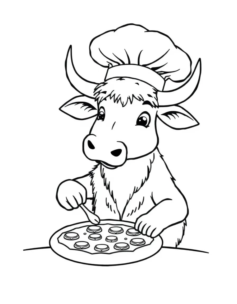 An ox wearing a tiny chef's hat, making giant pizza.