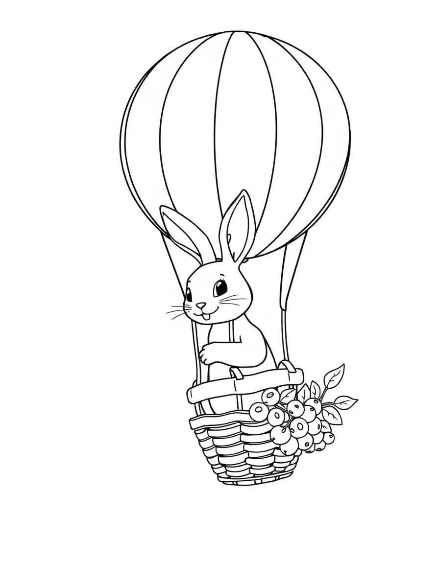 A rabbit riding a hot air balloon with a basket of berries.