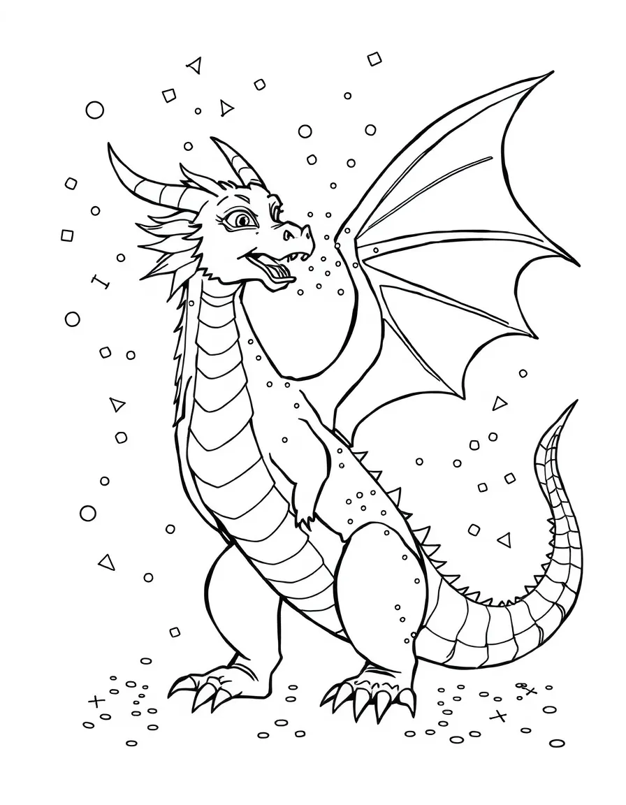 A dragon blowing fire that turns into confetti and glitter.