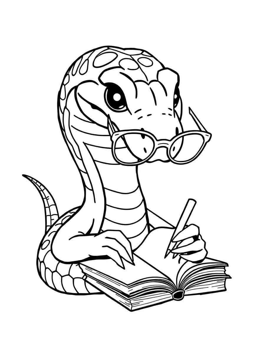 A snake wearing tiny spectacles, writing in a diary.