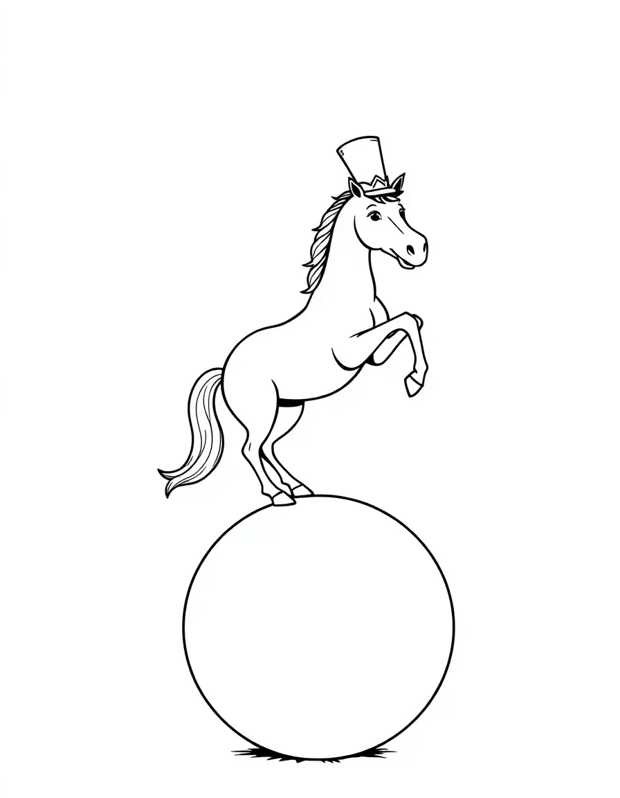 A horse wearing a tiny top hat, balancing on a giant ball.