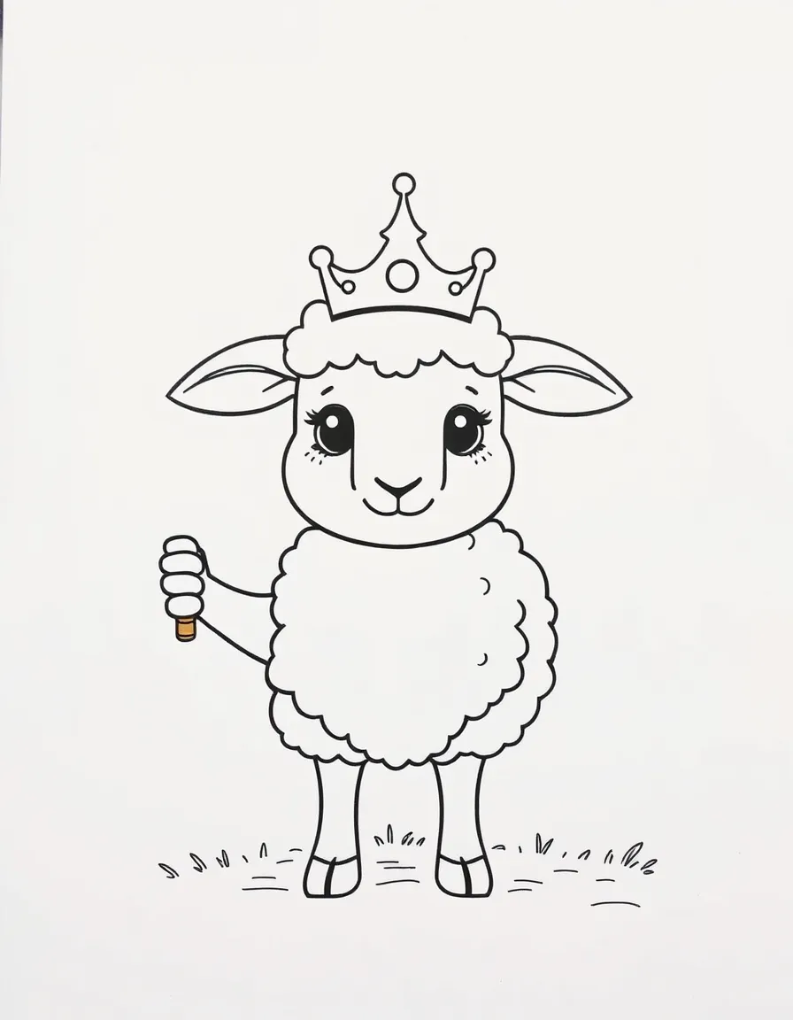 A sheep wearing a tiny crown, holding a tiny scepter.