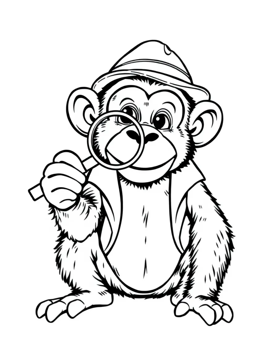 A monkey dressed as a detective, reading a magnifying glass.