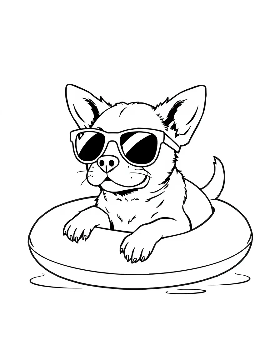 A dog wearing tiny sunglasses, chilling on a giant floatie.
