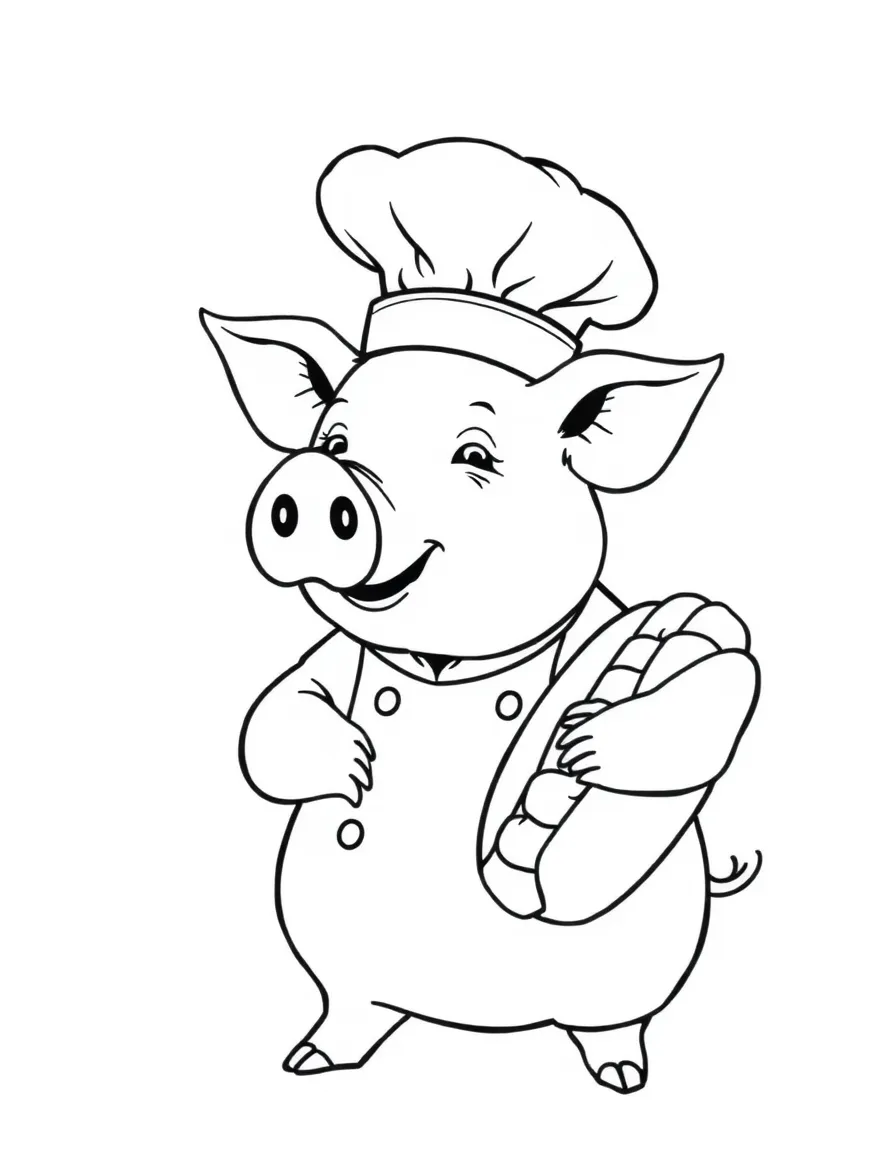 A pig wearing a tiny chef's hat, serving giant hot dogs.