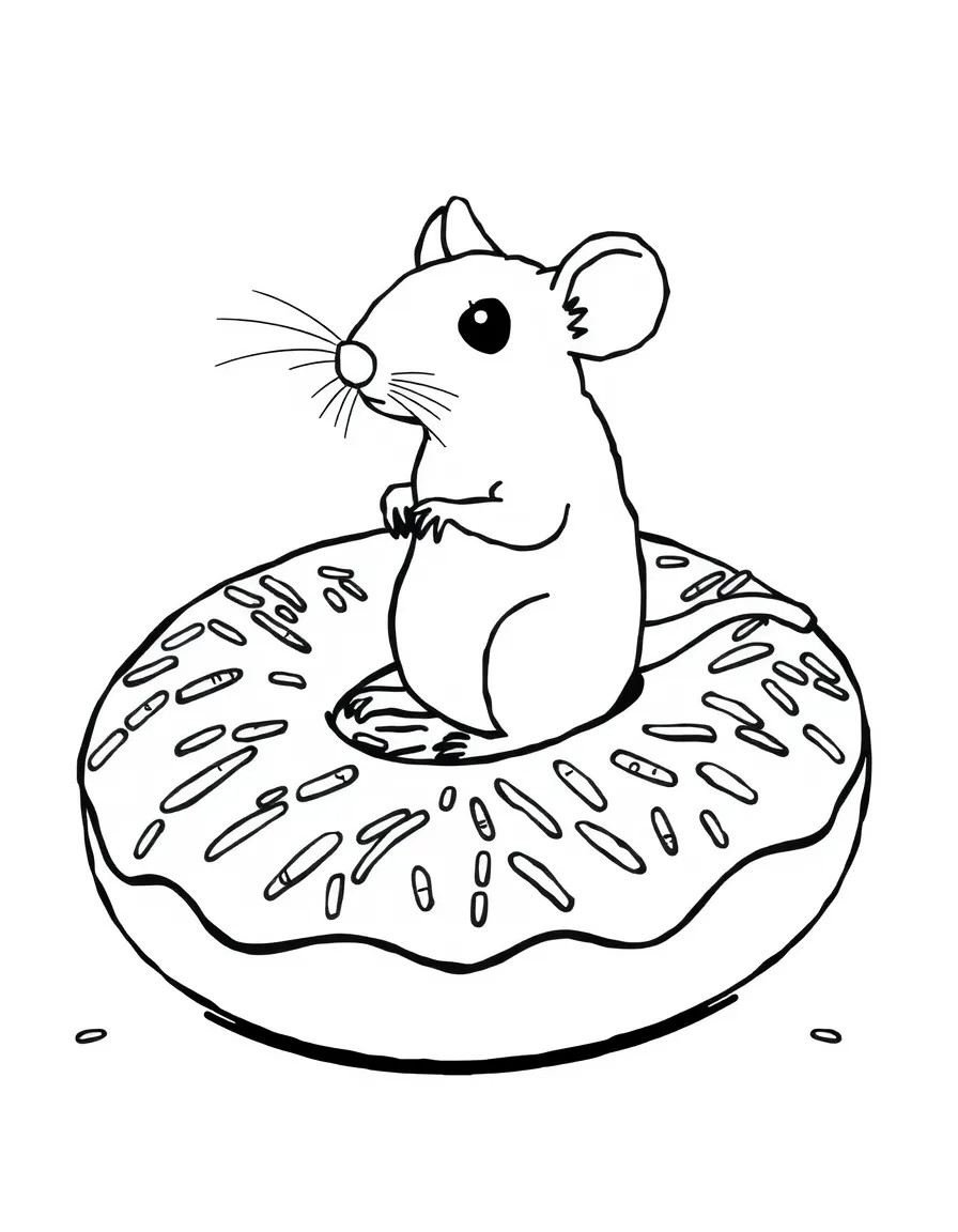 A rat sitting on a giant donut with sprinkles.